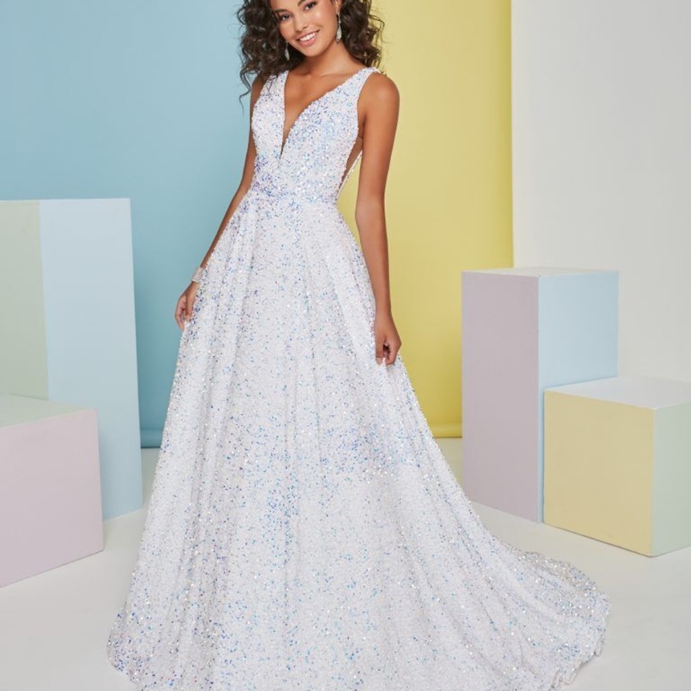 Christina Wu White and Silver Sequin Prom Dress